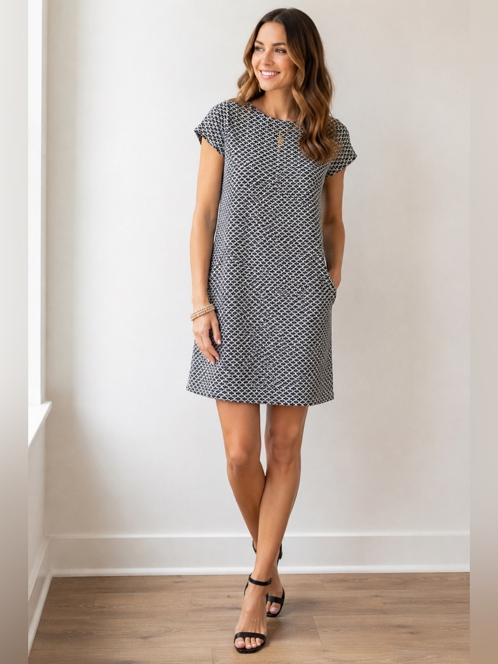 LOFT Black and White Printed Mini Shift Dress